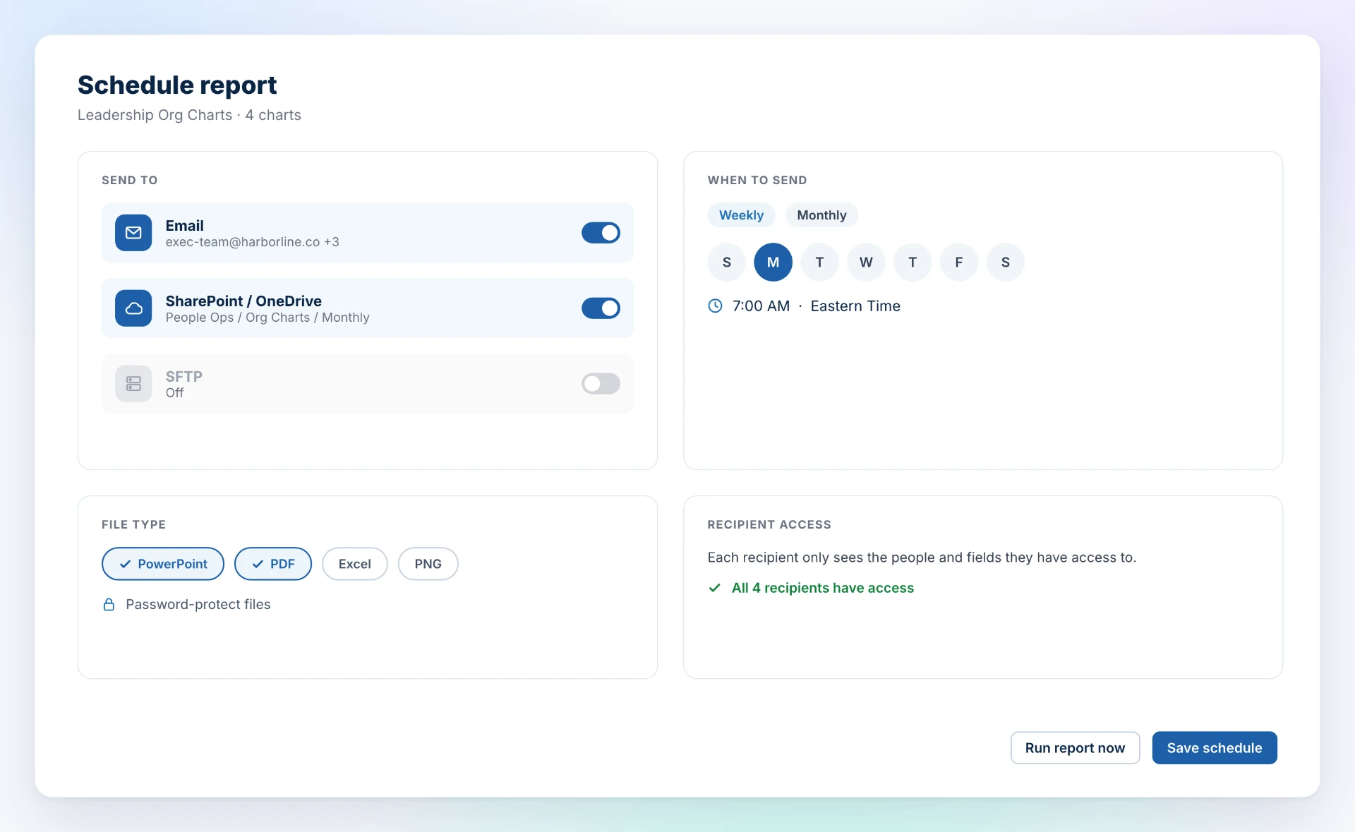 Schedule screen with email and SharePoint destinations, weekly timing and PowerPoint plus PDF files