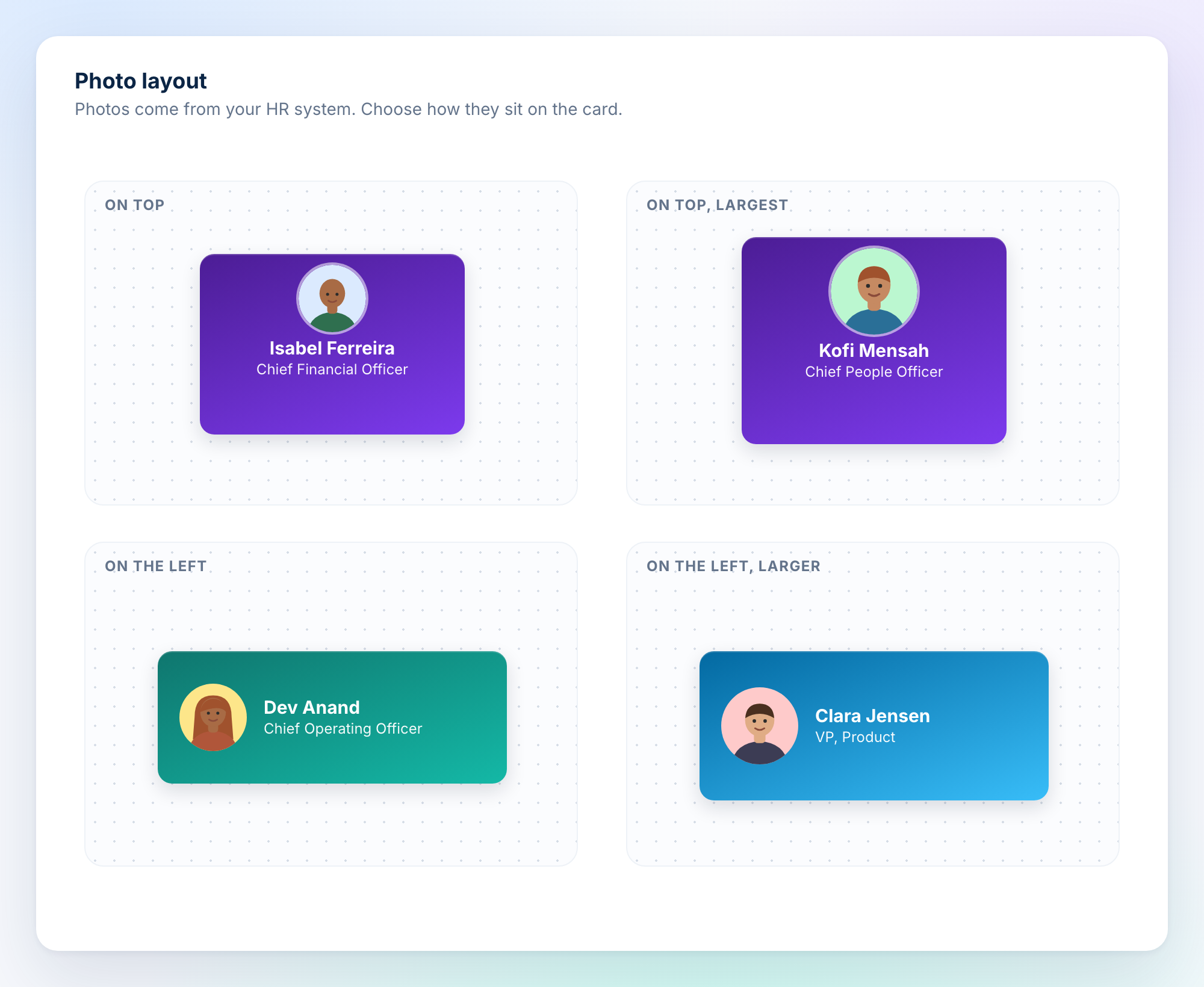 Four card styles showing photo placement and size options